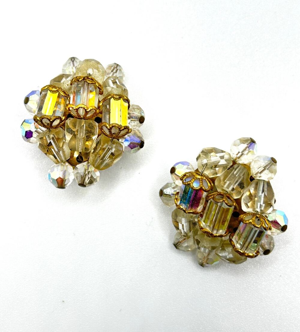 Vintage 60s Clip On Cluster Rhinestone Faceted Iridescent Bead Earrings